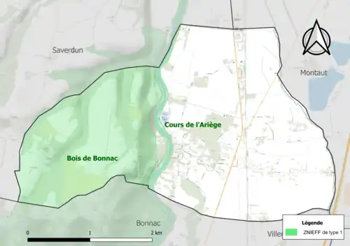 Carte des ZNIEFF de type 1 sur la commune.