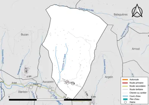 Carte en couleur présentant le réseau hydrographique de la commune