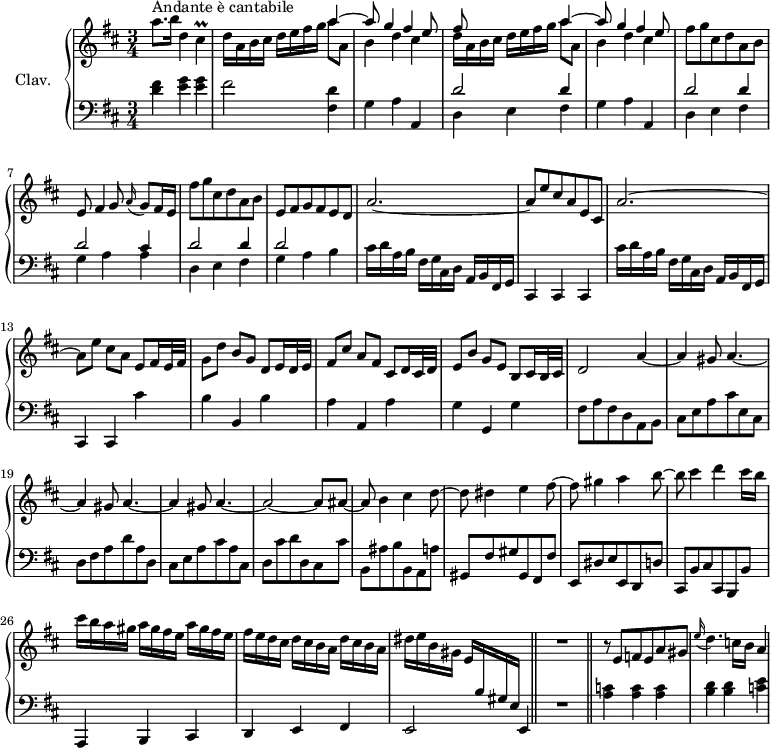 
\version "2.18.2"
\header {
  tagline = ##f
  % composer = "Domenico Scarlatti"
  % opus = "K. 478"
  % meter = "Andante è cantabile"
}

%% les petites notes
trillCis      = { \tag #'print { cis4\prall } \tag #'midi { d32 cis d cis~ cis8 } }

upper = \relative c'' {
  \clef treble 
  \key d \major
  \time 3/4
  \tempo 4 = 76

      s8*0^\markup{Andante è cantabile}
      a'8. b16 d,4 \trillCis | d16 a b cis d e fis g 
      << { a4~ | a8 g4 fis e8 | fis s4. a4~ | a8 g4 fis e8 } 
       \\ { a8 a, | b4 d cis | d16 a b cis d e fis g  a8 a, | b4 d cis } >>
      % ms. 6
      fis8 g cis, d a b | e,8 fis4 g8 \appoggiatura a16 g8 fis16 e | fis'8 g cis, d a b | e, fis g fis e d |
      % ms. 10
      a'2.~ | a8 e' cis a e cis | a'2.~ | a8 e' cis a e fis16 e32 fis |
      % ms. 14
      g8 d' b g d e16 d32 e | fis8 cis' a fis cis d16 cis32 d | e8 b' g e b cis16 b32 cis | d2 a'4~ | \repeat unfold 3 { a gis8 a4.~ } |
      % ms. 21
      a2~ a8 ais~ | ais b4 cis d8~ | d dis4 e fis8~ | fis gis4 a b8~ |
      % ms. 25
      b8 cis4 d cis16 b | cis b a gis \repeat unfold 2 { a gis fis e } | fis e d cis \repeat unfold 2 { d cis b a } | dis e b gis e  \stemUp  \change Staff = "lower"  b gis e \stemNeutral   \change Staff = "upper"   s4  \bar "||" R2.  \bar "||"
      % ms. 30
      
      % ms. 36
      r8 e'8 f e a gis | \appoggiatura e'16 d4. c16 b a4 |

}

lower = \relative c' {
  \clef bass
  \key d \major
  \time 3/4

    % ************************************** \appoggiatura a16  \repeat unfold 2 {  } \times 2/3 { }   \omit TupletNumber 
      < d fis >4 < e g > q | fis2 < fis, d' >4 | g a a, | << { d'2 d4 } \\ { d,4 e fis } >>
      % ms. 5
      g4 a a, | << { d'2 d4 | d2 cis4 | d2 d4 | d2 } \\ { d,4 e fis | g a a | d,4 e fis | g a b } >> 
      % ms. 10
      cis16 d a b fis g cis, d a b fis g | cis,4 cis cis | cis''16 d a b fis g cis, d a b fis g | cis,4 cis cis'' |
      % ms. 14
      b4 b, b' | a a, a' | g g, g' | fis8 a fis d a b | cis e a cis e, cis |
      % ms. 19
      d8 fis a d a d, | cis e a cis a cis, | d cis' d d, cis cis' | b, ais' b b, a a' | gis, fis' gis gis, fis fis' | e, dis' e e, d d' |
      % ms. 25
      cis, b' cis cis, b b' | a,4 b cis | d e fis | e2 e4 | R2. |
      % ms. 30
      < a' c >4 q q | < b d > q < c e >
      % ms. 36
      

}

thePianoStaff = \new PianoStaff <<
    \set PianoStaff.instrumentName = #"Clav."
    \new Staff = "upper" \upper
    \new Staff = "lower" \lower
  >>

\score {
  \keepWithTag #'print \thePianoStaff
  \layout {
      #(layout-set-staff-size 17)
    \context {
      \Score
     \override TupletBracket.bracket-visibility = ##f
     \override SpacingSpanner.common-shortest-duration = #(ly:make-moment 1/2)
      \remove "Metronome_mark_engraver"
    }
  }
}

\score {
  \keepWithTag #'midi \thePianoStaff
  \midi { \set Staff.midiInstrument = #"harpsichord" }
}
