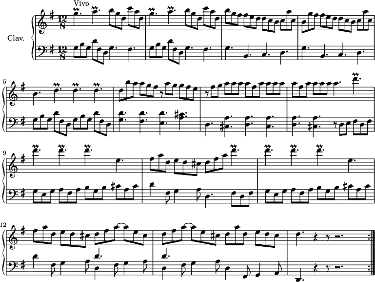 
\version "2.18.2"
\header {
  tagline = ##f
}

%% les petites notes
trillGpUp     = { \tag #'print { g'4.\prall } \tag #'midi { a32 g a g~ g4 } }
trillAp       = { \tag #'print { a4.\prall } \tag #'midi { b32 a b a~ a4 } }
trillDp       = { \tag #'print { d4.\prall } \tag #'midi { e32 d e d~ d4 } }

upper = \relative c'' {
  \clef treble 
  \key g \major
  \time 12/8
  \tempo 4. = 106
  \set Staff.midiInstrument = #"harpsichord"
  \override TupletBracket.bracket-visibility = ##f

      s8*0^\markup{Vivo} 
      \repeat unfold 2 { \trillGpUp \trillAp b8 g d c' a d, } |
      % ms. 3
      b'8 g fis fis e d d c b c a' c, | b8 g' fis fis e d d c b c a' c, | b4. \repeat unfold 3 { \trillDp } |
      % ms. 6
      d8 b' a a g fis r8 a g g fis e | r8 fis g a a a \repeat unfold 2 { a fis a a a a } a4. \repeat unfold 4 { \trillDp } e,4. |
      % ms. 10
      fis8 a d, e d cis d fis a \repeat unfold 4 { \trillDp } e,4.
      % ms. 12
      fis8 a d, e d cis \repeat unfold 2 { d fis a~ a e cis } d a' d, e d cis | d4. r4 r8 r2. |

}

lower = \relative c' {
  \clef bass
  \key g \major
  \time 12/8
  \set Staff.midiInstrument = #"harpsichord"
  \override TupletBracket.bracket-visibility = ##f

    % **************************************
      \repeat unfold 2 { g8 b g d' fis, d g4. fis } |
      % ms. 3
      \repeat unfold 2 { g4. b, c d } | \repeat unfold 2 { g8 b g d' fis, d }
      % ms. 6
      < g d' >4. < fis d' > < e d' > < a cis > | d,4. \repeat unfold 2 { < cis a' > < d a' > } < cis a' > r8 d8 e fis d fis |
      % ms. 9
      g8 e g a fis a b g b cis a cis | d4 fis,8 g4 a8 d,4. | fis8 d fis |
      g8 e g a fis a b g b cis a cis |
      % ms. 12
      d4 fis,8 g4 a8 | \repeat unfold 2 { << { d4. } \\ { d,4 fis8 g4 a8 } >> } | d,4 fis,8 g4 a8 | d,4. r4 r8 r2. \bar ":|."

}

thePianoStaff = \new PianoStaff <<
    \set PianoStaff.instrumentName = #"Clav."
    \new Staff = "upper" \upper
    \new Staff = "lower" \lower
  >>

\score {
  \keepWithTag #'print \thePianoStaff
  \layout {
      #(layout-set-staff-size 17)
    \context {
      \Score
     \override SpacingSpanner.common-shortest-duration = #(ly:make-moment 1/2)
      \remove "Metronome_mark_engraver"
    }
  }
}

\score {
  \keepWithTag #'midi \thePianoStaff
  \midi { }
}
