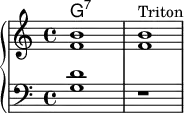 

\new PianoStaff << 
\new ChordNames {\chordmode {g:7 }}
  \new Staff { \clef "treble"  <b' f'>1 <b' f'>1^Triton}
  \new Staff { \clef "bass" { <g d'>1 } r1}
>>