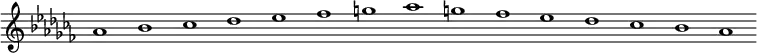 
\new Staff {
  \relative c'' {
    \key as \minor
    \override Staff.TimeSignature #'stencil = ##f
    \override Staff.BarLine #'stencil = ##f
     as1 bes ces des es fes g as g fes es des ces bes as
  }
}
\midi {
  \context {
    \Score
    tempoWholesPerMinute = #(ly:make-moment 120 1)
  }
}
