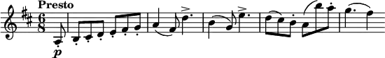
\version "2.18.2"
\relative c'' {
  \key d \major
  \time 6/8
  \tempo "Presto "
  \tempo 4 = 160
  \partial 8  a,8-. \p 
  b-. cis-. d-.  e-. fis-. g-.
  a4 (fis8) d'4.->
  b4 (g8) e'4.->
  d8 (cis) b-. a (b') a-.
  g4. (fis4)
}
