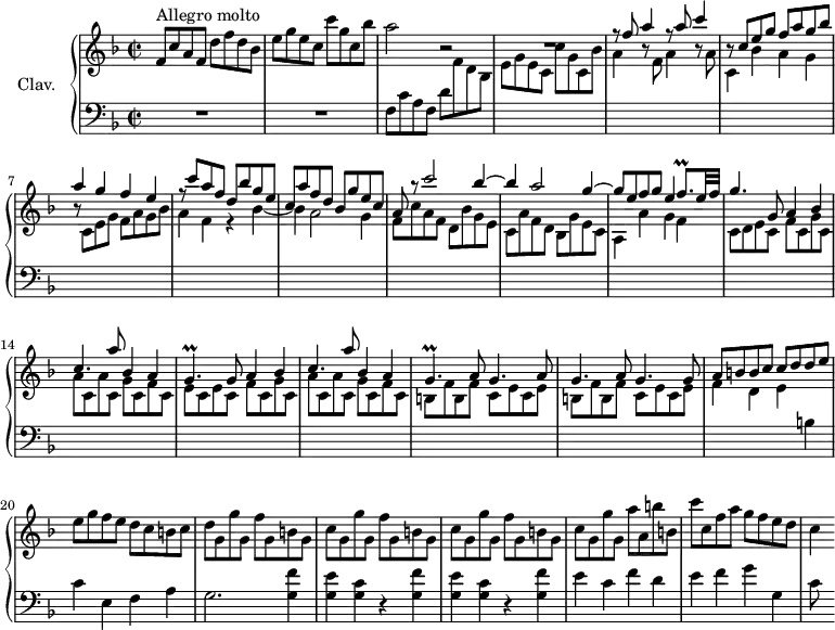 
\version "2.18.2"
\header {
  tagline = ##f
  % composer = "Domenico Scarlatti"
  % opus = "K. 469"
  % meter = "Allegro molto"
}

%% les petites notes
trillFqp      = { \tag #'print { f8.\prall } \tag #'midi { g32 f g f~ f16 } }
trillGp       = { \tag #'print { g4.\prall } \tag #'midi { a32 g a g~ g4 } }

upper = \relative c'' {
  \clef treble 
  \key f \major
  \time 2/2
  \tempo 2 = 92
  \set Staff.midiInstrument = #"harpsichord"
  \override TupletBracket.bracket-visibility = ##f

      s8*0^\markup{Allegro molto}
      f,8 c' a f d' f d bes | e g e c c' g c, bes' | a2 r2 |
      % ms. 4
      R1 | \stemUp r8 f8 a4 r8 a8 c4 | r8 c,8 e g f a g bes | a4 g f e |
      % ms. 8
      r8 c'8 a f d bes' g e | c a' f d bes g' e c | a r8 c'2 bes4^~ | bes a2 g4^~ |
      % ms. 12
      g8 e f g e4 \trillFqp e32 f | g4. g,8 a4 bes | c4. a'8 bes,4 a | \trillGp g8 a4 bes |
      % ms. 16
      c4. a'8 bes,4 a | \trillGp a8 \repeat unfold 2 { g4. a8 } g4. g8 | a b b c c d d \stemNeutral e | 
      % ms. 20
      e8 g f e d c b c | d g, g' g, f' g, b g | \repeat unfold 2 { c8 g g' g, f' g, b g }
      % ms. 24
      c8 g g' g, a' a, b' b, | c' c, f a g f e d | c4

}

lower = \relative c' {
  \clef bass
  \key f \major
  \time 2/2
  \set Staff.midiInstrument = #"harpsichord"
  \override TupletBracket.bracket-visibility = ##f

    % ************************************** \appoggiatura a16  \repeat unfold 2 {  } \times 2/3 { }   \omit TupletNumber 
      R1*2 | f,8 c' a f d' \stemDown \change Staff = "upper"  f d bes |
      % ms. 4
      e g e c c' g c, bes' | a4 r8 f8 a4 r8 a8 | c,4 bes' a g | r8 c,8 e g f a g bes |
      % ms. 8
      a4 f r4 bes_~ | bes a2 g4 | f8 c' a f d bes' g e | c a' f d bes g' e c |
      % ms. 12
      a4 a' g f | c8 d e c f c g' c, | a' c, a' c, g' c, f c | e c e c f c g' c, | 
      % ms. 16
      a' c, a' c, g' c, f c | \repeat unfold 2 { b f' b, f' c e c e } | f4 d e  \stemNeutral \change Staff = "lower" b
      % ms. 20
      c4 e, f a | g2. \repeat unfold 2 { < g f' >4 | < g e' > < g c > r4 }  < g f' >4
      % ms. 24
      e'4 c f d | e f g g, c8 s8

}

thePianoStaff = \new PianoStaff <<
    \set PianoStaff.instrumentName = #"Clav."
    \new Staff = "upper" \upper
    \new Staff = "lower" \lower
  >>

\score {
  \keepWithTag #'print \thePianoStaff
  \layout {
      #(layout-set-staff-size 17)
    \context {
      \Score
     \override SpacingSpanner.common-shortest-duration = #(ly:make-moment 1/2)
      \remove "Metronome_mark_engraver"
    }
  }
}

\score {
  \keepWithTag #'midi \thePianoStaff
  \midi { }
}
