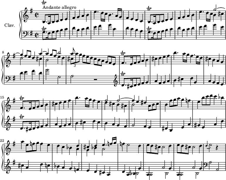 
\version "2.18.2"
\header {
  tagline = ##f
  % composer = "Domenico Scarlatti"
  % opus = "K. 283"
  % meter = "Andante allegro"
}

%% les petites notes
trillBqpDown   = { \tag #'print { b,8.\trill } \tag #'midi { c32 b c b~ b16 } }
trillBqp       = { \tag #'print { b8.\trill } \tag #'midi { c32 b c b~ b16 } }
trillGqp       = { \tag #'print { g8.\trill } \tag #'midi { a32 g a g~ g16 } }
trillDqp       = { \tag #'print { d8.\trill } \tag #'midi { e32 d e d~ d16 } }
trillFisqp     = { \tag #'print { fis8.\trill } \tag #'midi { g32 fis g fis~ fis16 } }
appoDEb        = { \tag #'print { \appoggiatura d4 e2 } \tag #'midi { d4 e4 } }
upper = \relative c'' {
  \clef treble 
  \key g \major
  \time 2/2
  \tempo 2 = 72
  \set Staff.midiInstrument = #"harpsichord"
  \override TupletBracket.bracket-visibility = ##f

      s8*0^\markup{Andante allegro}
      \trillBqpDown a16 b8 c d4 e | fis g a b | e4. d16 c b4. a16 g | fis4 e d c |
      % ms. 5
      \trillBqp a16 b8 c d4 e | fis g a b | e4. d16 c << { g'2~ | g4 fis8 e d4 a'4~ | a g8 fis b2 | a8 } \\ { b,4 cis | d2 s4 cis4 b2 e4 d | \times 2/3 { cis8[ a' g] } } >> \omit TupletNumber 
      % ms. 10 suite
      \times 2/3 { fis8 e d } \times 2/3 { cis8[ b a] } \times 2/3 { g8 fis e } | \trillFisqp e16 fis8 g | a4 b cis d e fis |
      % ms. 13
      b4. a16 g fis4. e16 d | cis4 b a g | \trillFisqp e16 fis8 g | a4 b cis d e fis |
      % ms. 16
      b4. a16 g fis4 e | << { fis2 fis~ | fis4 e dis } \\ { d4 cis b ais | b2 } >> | \times 2/3 { a8 b c } | b4 \times 2/3 { fis'8 g a } g4 f |
      % ms. 21
      e4 \times 2/3 { b'8 c d } c4 bes | a \times 2/3 { e8 f g } f4 e | d c bes << { d4 | cis d e4. f16 g } \\ { a,4 | g bes a2 } >> | f'4 e2 d4 |
      % ms. 26
      \repeat unfold 2 { \times 2/3 { e8 d cis } cis2 d4 } | \appoDEb r4 s4 |

}

lower = \relative c' {
  \clef bass
  \key g \major
  \time 2/2
  \set Staff.midiInstrument = #"harpsichord"
  \override TupletBracket.bracket-visibility = ##f

    % ************************************** \appoggiatura a16  \repeat unfold 2 {  } \times 2/3 { }   \omit TupletNumber 
      \trillGqp fis16 g8 a b4 c | d b c d | e fis g c, | d c b a |
      % ms. 5
      \trillGqp fis16 g8 a b4 c | d b c d | e fis g e | d e fis d |
      % ms. 9
      g2 g, | a r2 |   \clef treble  \trillDqp cis16 d8 e fis4 g | a fis g a |
      % ms. 13
      b4 cis d g, | a g fis e |  \trillDqp cis16 d8 e fis4 g | a fis g a |
      % ms. 16
      b4 cis d cis | b a g fis | g2 fis4 e | dis b e a |
      % ms. 21
      gis4 e a d | cis a d c | bes a g f | e d cis a | d a << { bes4 g' } \\ { bes,2  } >>
      % ms. 26
      \repeat unfold 2 { << { a4 a'2 g4 } \\ { a,2 b } >> }   \clef bass a2 a, |

}

thePianoStaff = \new PianoStaff <<
    \set PianoStaff.instrumentName = #"Clav."
    \new Staff = "upper" \upper
    \new Staff = "lower" \lower
  >>

\score {
  \keepWithTag #'print \thePianoStaff
  \layout {
      #(layout-set-staff-size 17)
    \context {
      \Score
     \override SpacingSpanner.common-shortest-duration = #(ly:make-moment 1/2)
      \remove "Metronome_mark_engraver"
    }
  }
}

\score {
  \keepWithTag #'midi \thePianoStaff
  \midi { }
}
