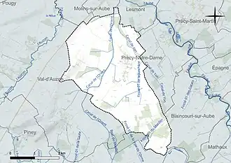 Carte en couleur présentant le réseau hydrographique de la commune