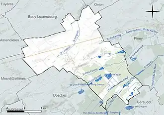 Carte en couleur présentant le réseau hydrographique de la commune