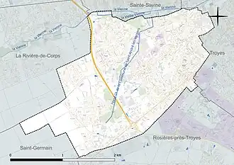 Carte en couleur présentant le réseau hydrographique de la commune