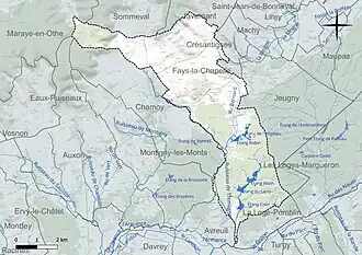 Carte en couleur présentant le réseau hydrographique de la commune