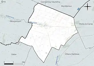 Carte en couleur présentant le réseau hydrographique de la commune