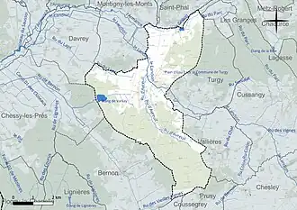 Carte en couleur présentant le réseau hydrographique de la commune