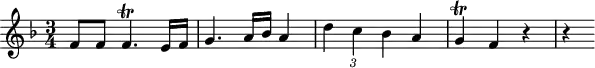 
\header {
  tagline = ##f
}

\score {
  \new Staff \with {

  }
<<
  \relative c' {
    \key f \major
    \time 3/4
    \override TupletBracket #'bracket-visibility = ##f 
    \autoBeamOff

     %%%%%%%%%%%%%%%%%%%%%%%%%% K4
     f8[ f] f4.\trill e16[ f] g4. a16[ bes] a4 \times 2/3{ d c bes } a4 g\trill f r4 r4

  }
>>
  \layout {
    \context {
      \remove "Metronome_mark_engraver"
    }
  }
  \midi {}
}
