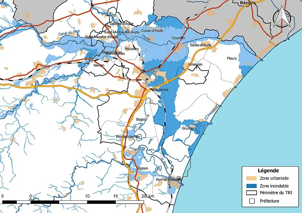 Carte du TRI de Narbonne, avec représentation des principales infrastructures.