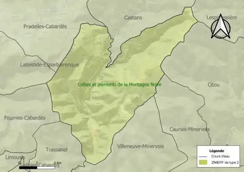 Carte de la ZNIEFF de type 2 sur la commune.