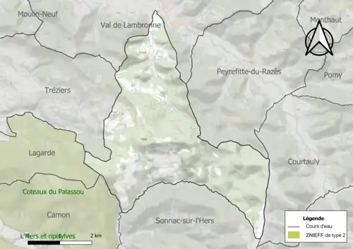 Carte de la ZNIEFF de type 2 sur la commune.
