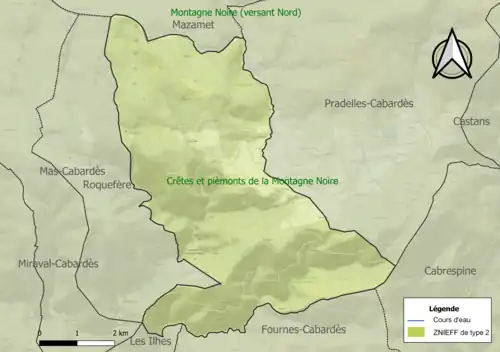 Carte des ZNIEFF de type 2 sur la commune.