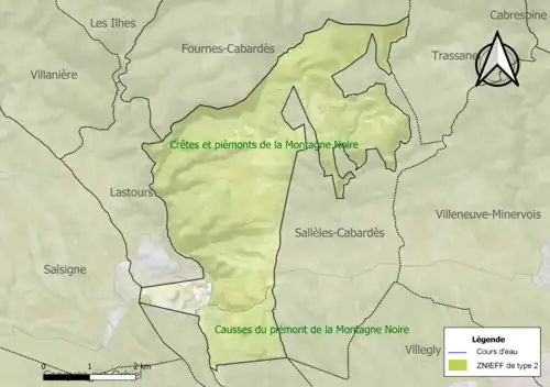 Carte des ZNIEFF de type 2 sur la commune.
