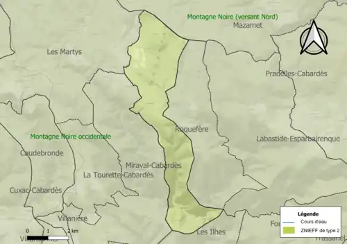 Carte des ZNIEFF de type 2 sur la commune.