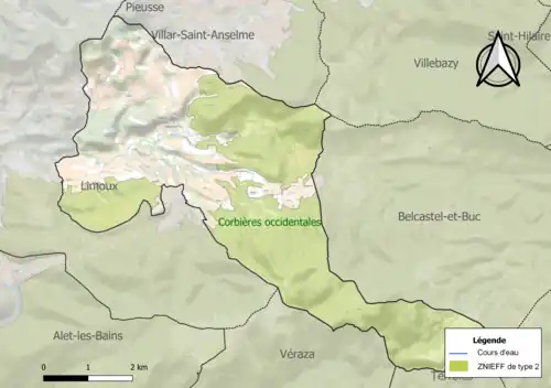 Carte de la ZNIEFF de type 2 sur la commune.