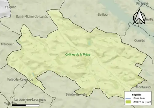 Carte de la ZNIEFF de type 2 sur la commune.