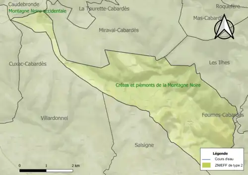 Carte de la ZNIEFF de type 2 sur la commune.