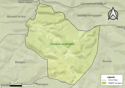 Carte de la ZNIEFF de type 2 sur la commune.