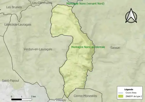 Carte de la ZNIEFF de type 2 sur la commune.