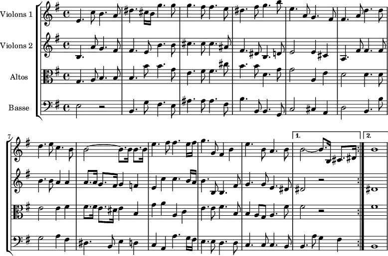 
\version "2.14.2"
\header {
  tagline = ##f
}
global= {
  \time 4/4
  \key g \major
}

violinOne = \new Voice \relative c'' {
  \set Staff.instrumentName = #"Violons 1 "

  \repeat volta 2 
  { e,4. c'8 b4. a8 | dis4. cis16 b g'4. g8 | g4. fis8 fis4. e8 | dis4. fis8 g4. b8 | e,4. a,8 g4. fis8 | fis4. a8 d4. d8 |
  d4. e8 c4. b8 | b2~ b8. b16 b8. b16 | e4. fis8 fis4. e16 fis | g4. g,8 fis4 b | e4. b8 a4. b8 |  }

  \alternative  { 
  {  b2~ b8. b,16 cis8. dis16 }
  {  b'1 }
  }
 

}

violinTwo = \new Voice \relative c'' {
  \set Staff.instrumentName = #"Violons 2 "
  \repeat volta 2 { 
  b,4. a'8 g4. fis8 | fis4. e8 b'4. b8 | cis4. cis8 cis4. ais8 | fis4. dis8 b4. d8 | e2 e4 cis4 | a4. fis'8 fis4. fis8 |
  b4. b8 a4 a | a8. a16 g8. fis16 g4 f | e c' c4. b16 a | b4. b,8 b4. fis'8 | g4. g8 e4. dis8 | 
  }

  \alternative { 
  { dis2 r2 }
  { dis1 }
  }

}

viola = \new Voice \relative c' {
  \set Staff.instrumentName = #"Altos "
  \clef alto
  \repeat volta 2 {
  g4. a8 b4. b8 | b4. b'8 b4. g8 | e4. fis8 fis4. cis'8 | b4. b8 d,4. g8 | g2 a,4 e' | d2 d4. d8 |
  e2 e4 fis | fis8. fis16 e8. dis16 e4 b | g' a a, c | e4. e8 fis4. b,8 | b4 a8 g a4. fis'8 | 
  }

  \alternative {
    { fis2 r2 }
    { fis1 }
  }

}

basse = \new Voice \relative c {
  \set Staff.instrumentName = #"Basse "
  \clef bass
  \repeat volta 2 {
  e2 r2 | b4. g'8 fis4. e8 | ais4. ais8 ais4. fis8 | b4. b,8 b4. g8 | c2 cis4 a | d2 b4. b'8 |
  g2 a 4 fis4 | dis4. b8 e4 d4 | c a a'4. g16 fis | e4. e8 d4. d8 | c4. c8 c4. b8 |  
  }

  \alternative { 
    { b4. a'8 g4 fis4 }
    { b,1 }
  }

}

\score {
  \new StaffGroup <<
    \new Staff << \global \violinOne >>
    \new Staff << \global \violinTwo >>
    \new Staff << \global \viola >>
    \new Staff << \global \basse >>
  >>
  \layout {
    \context {
      \Score
      \remove "Metronome_mark_engraver"
    }
  }
  \midi { }
}
