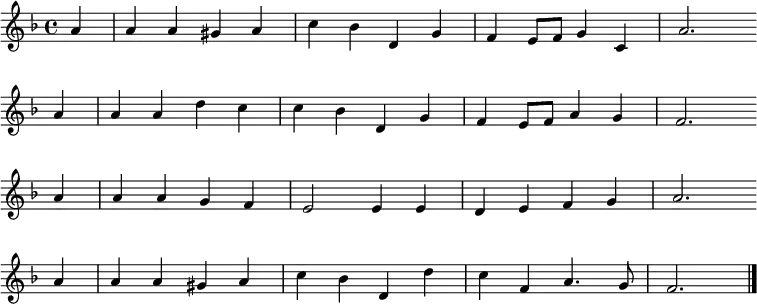 
\transpose c bes,
\new Staff <<
\clef treble \key g \major {
   \time 4/4 \partial 4   
   \relative g' {
	b4 | b b ais b | d c e, a | g fis8 g a4 d, | b'2. \bar"" \break 
    b4 | b b e d | d c e, a | g fis8 g b4 a | g2. \bar"" \break 
    b4 | b b a g | fis2 fis4 fis | e fis g a | b2. \bar"" \break
    b4 | b b ais b | d c e, e' | d g, b4. a8 | g2. \bar"|."
   }
  }
%\new Lyrics \lyricmode {
%}
>>
\layout { indent = #0 }
\midi { \tempo 4 = 80 }
