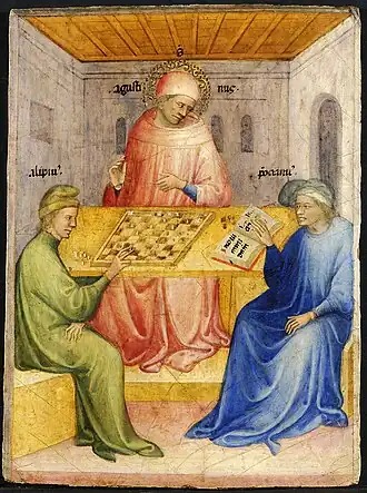 Tableau montrant trois hommes dans une pièce.