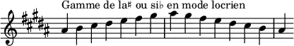 {
\override Score.TimeSignature #'stencil = ##f
\relative c'' {
  \key ais \locrian
  \clef treble \time 7/4
  ais4^\markup { Gamme de la♯ ou si♭ en mode locrien } b cis dis e fis gis ais gis fis e dis cis b ais
} }
