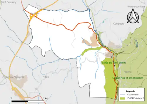 Carte de la ZNIEFF de type 2 de la commune.
