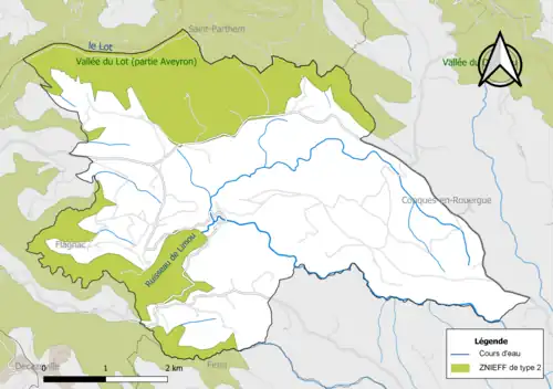 Carte de la ZNIEFF de type 2 de la commune.