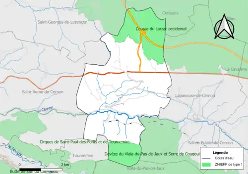 Carte des ZNIEFF de type 1 de la commune.