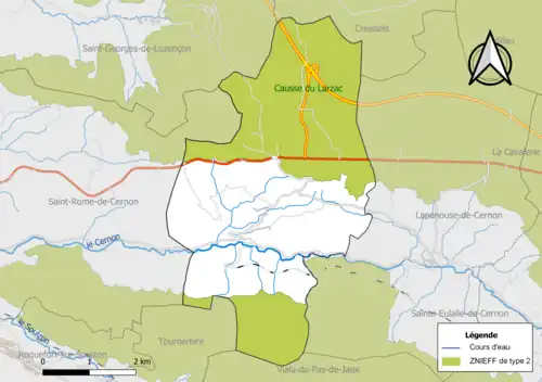 Carte de la ZNIEFF de type 2 de la commune.