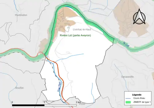Carte de la ZNIEFF de type 1 de la commune.