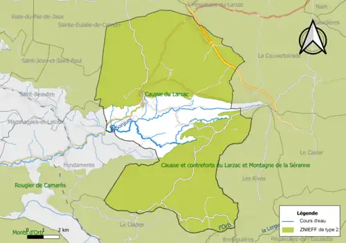 Carte de la ZNIEFF de type 2 de la commune.