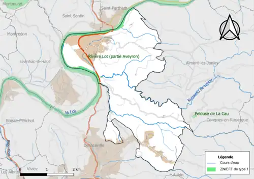 Carte de la ZNIEFF de type 1 de la commune.