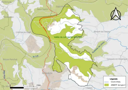 Carte de la ZNIEFF de type 2 de la commune.