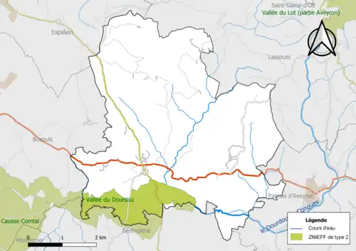 Carte de la ZNIEFF de type 2 de la commune.