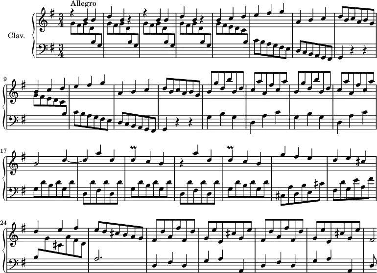
\version "2.18.2"
\header {
  tagline = ##f
}

%% les petites notes
trillD     = { \tag #'print { d4\prall } \tag #'midi { e32 d e d~ d8 } }

upper = \relative c'' {
  \clef treble 
  \key g \major
  \time 3/4
  \tempo 4 = 152
  \set Staff.midiInstrument = #"harpsichord"

      s8*0^\markup{Allegro}
      \stemUp \repeat unfold 2 { r4 b4 b | d b r4 } | b4 c d | e fis g | 
      % ms. 7
      a, b c | d8 b c a b g | b4 c d | e fis g | a, b c | d8 b c a b g |
      % ms. 13
      \repeat unfold 2 { b8 g' d b' b, d | c a' a, fis' c a' } | b,2 d4~ | d4 a' d, |
      % ms. 19
      \trillD c4 b | r4 a'4 d, | \trillD c4 b | g' fis e | d e cis | d e fis 
      % ms. 25
      e8 d cis b a g | \repeat unfold 2 { fis d' a fis' fis, d' | g, e' e, cis' g e' } | fis,2*1/4

}

lower = \relative c' {
  \clef bass
  \key g \major
  \time 3/4
  \set Staff.midiInstrument = #"harpsichord"

    % **************************************
      \repeat unfold 4 { \stemDown \change Staff = "upper" g'8 fis g d  \stemUp \change Staff = "lower" b g  } | \repeat unfold 2 { \stemDown \change Staff = "upper" g'8 fis e d c \stemUp \change Staff = "lower" b | \stemNeutral c b a g fis e |
      % ms. 7
      d8 c b a g fis | g4 r4 r4 } |
      % ms. 13
      \repeat unfold 2 { g'4 b g | d a' c } |  \repeat unfold 2 { g8 d' b d g, d' | d, d' fis, d' d, d' } |
      % ms. 21
      g,8 d' b d g, d' | cis,8 a' d, b' e, cis' | fis, d' g, e' a, fis' | \stemUp b, \stemDown \change Staff = "upper" g' cis, a' fis d | 
      % ms. 
      \stemUp \change Staff = "lower" a2. | \repeat unfold 2 { d,4 fis d | g a a, } | d8

}

thePianoStaff = \new PianoStaff <<
    \set PianoStaff.instrumentName = #"Clav."
    \new Staff = "upper" \upper
    \new Staff = "lower" \lower
  >>

\score {
  \keepWithTag #'print \thePianoStaff
  \layout {
      #(layout-set-staff-size 17)
    \context {
      \Score
     \override SpacingSpanner.common-shortest-duration = #(ly:make-moment 1/2)
      \remove "Metronome_mark_engraver"
    }
  }
}

\score {
  \keepWithTag #'midi \thePianoStaff
  \midi { }
}
