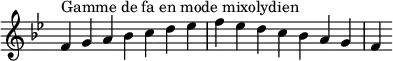  {
\override Score.TimeSignature #'stencil = ##f
\relative c' {
  \key f \mixolydian
  \clef treble \time 7/4
  f4^\markup { Gamme de fa en mode mixolydien } g a bes c d es f es d c bes a g f
} }
