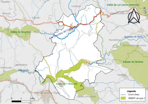 Carte de la ZNIEFF de type 2 de la commune.