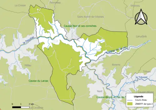 Carte des ZNIEFF de type 2 de la commune.