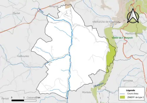 Carte de la ZNIEFF de type 2 de la commune.
