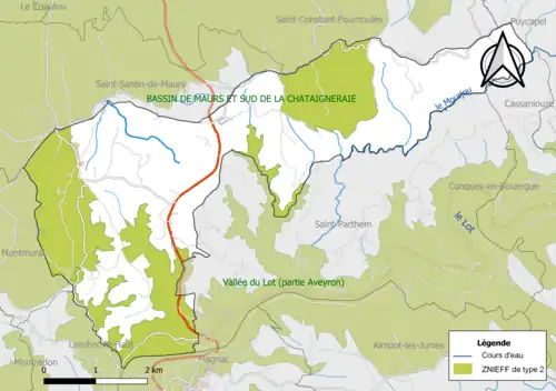 Carte des ZNIEFF de type 2 de la commune.