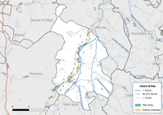 Carte en couleur présentant le réseau hydrographique de la commune