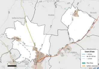 Carte en couleur présentant le réseau hydrographique de la commune