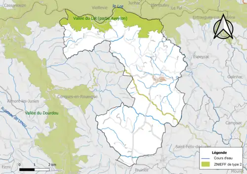 Carte de la ZNIEFF de type 2 de la commune.