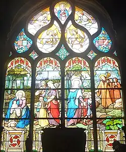 Vitrail représentant deux épisodes de la vie de sainte Nonne et de son fils saint Divy, 1903, église de Dirinon.